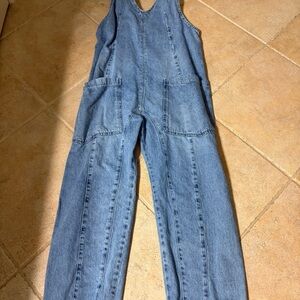 Free People high roller Light Blue Denim jeans Jumpsuit xs nwot